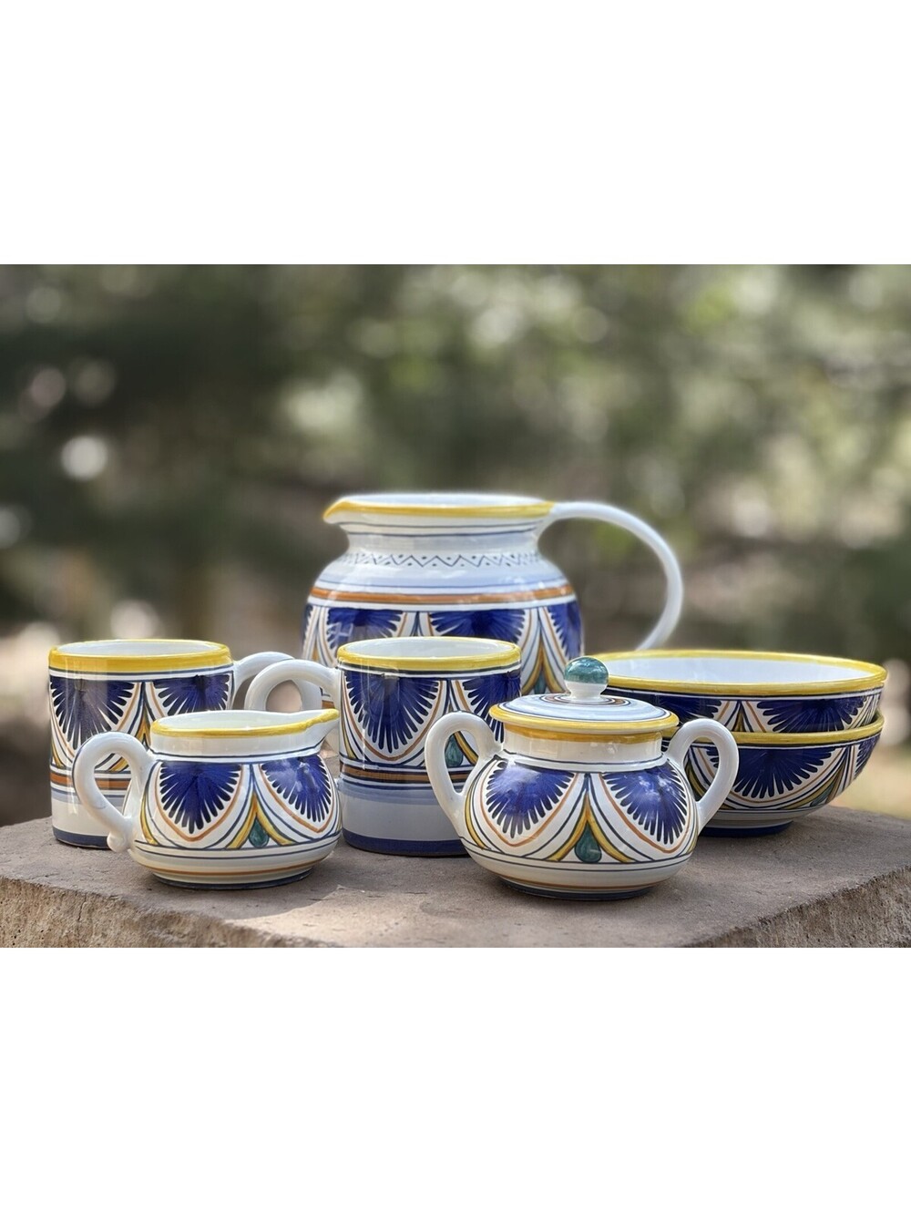 Matching 7-piece Ceramica Italy Hand Painted Pitcher/Creamer/Sugar/Mugs/Bowls